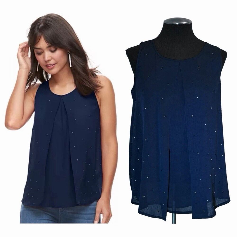 Juicy Couture - Navy Blue Sleeveless Sheer Layered Studded Top - Large